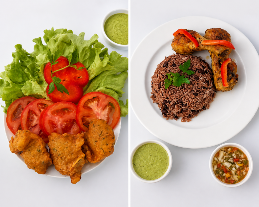 Plats haïtiens traditionnels avec accras, riz aux pois, poulet et sauces
